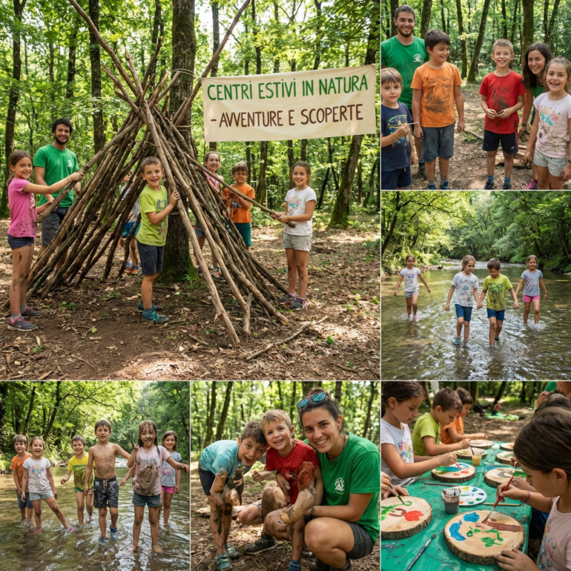 Children building stick shelter, playing in water, painting, and posing with camp counselor outdoors